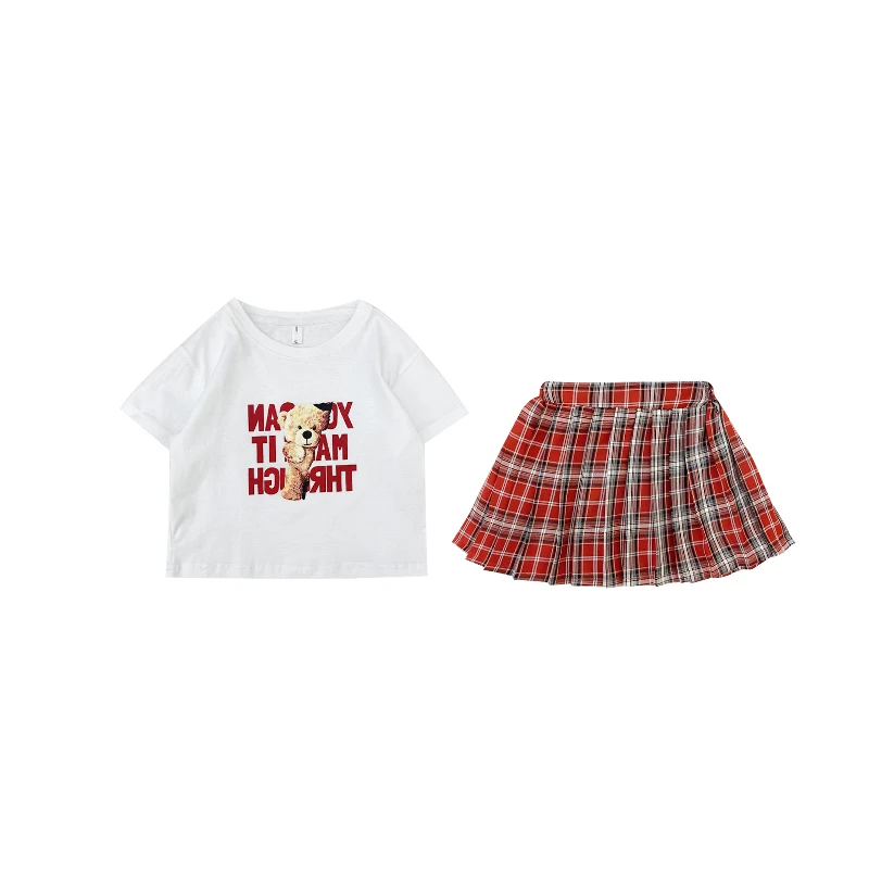 

MIla Chou 2021 Summer Girls JK Suit Children's College Style Short-sleeved T-shirt Plaid Skirt Two-piece Suit Kid Suit 2-8Year