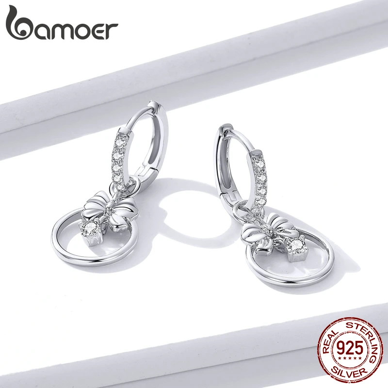 bamoer Silver 925 Jewelry Clear CZ Bowknot Dangle Drop Earrings for Women Wedding Statement 2020 New Brincos BSE332 |