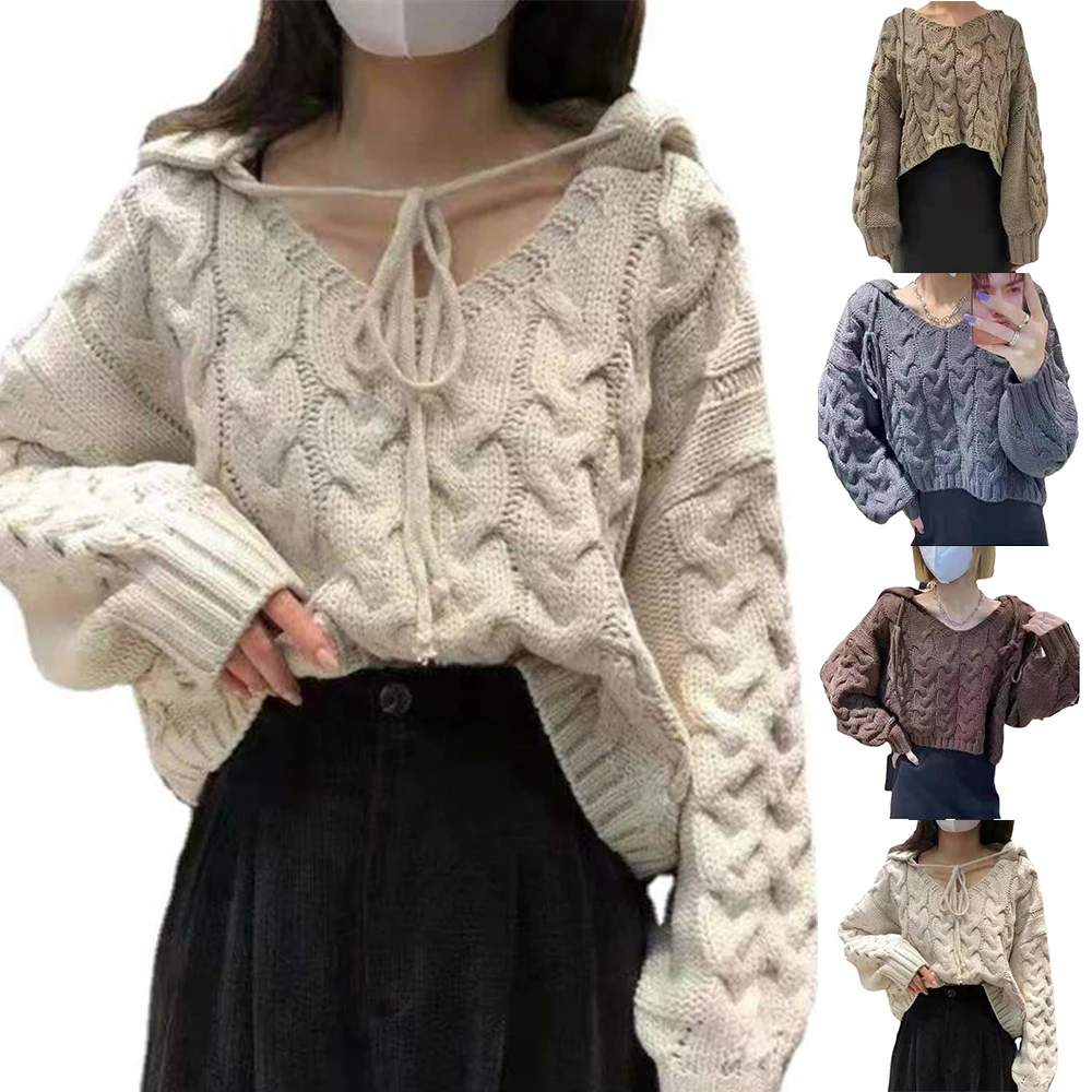 

Womens Lace Up V Neck Knitted Sweater Baggy Hooded Pullover Loose Tops Casual Jumper Winter Hoodies