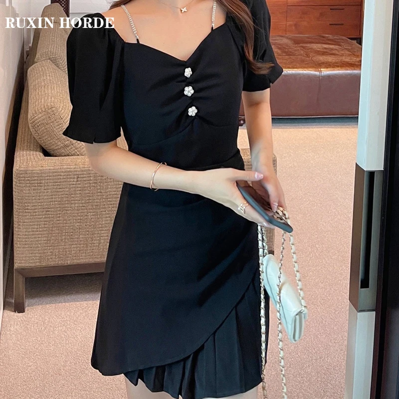 

Chic Mini Dress Folds Square Neck Bubble Short Sleeve 2021Summer New Style Office Ladies French Elegant Irregular Fashion A-Line