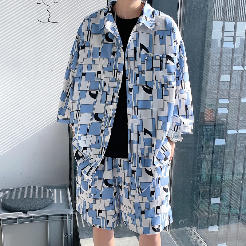 

2pcs Summer Man Sets Casual Shirts and Shorts Oversize Short Suit Streetwear Clothing Fashion Cartoon Graffiti Printing Unisex