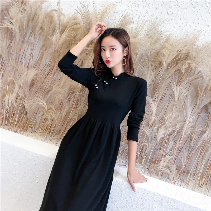 2019 New nailed pearl cheongsam sweater skirt - 0m870 9281 | Женская одежда