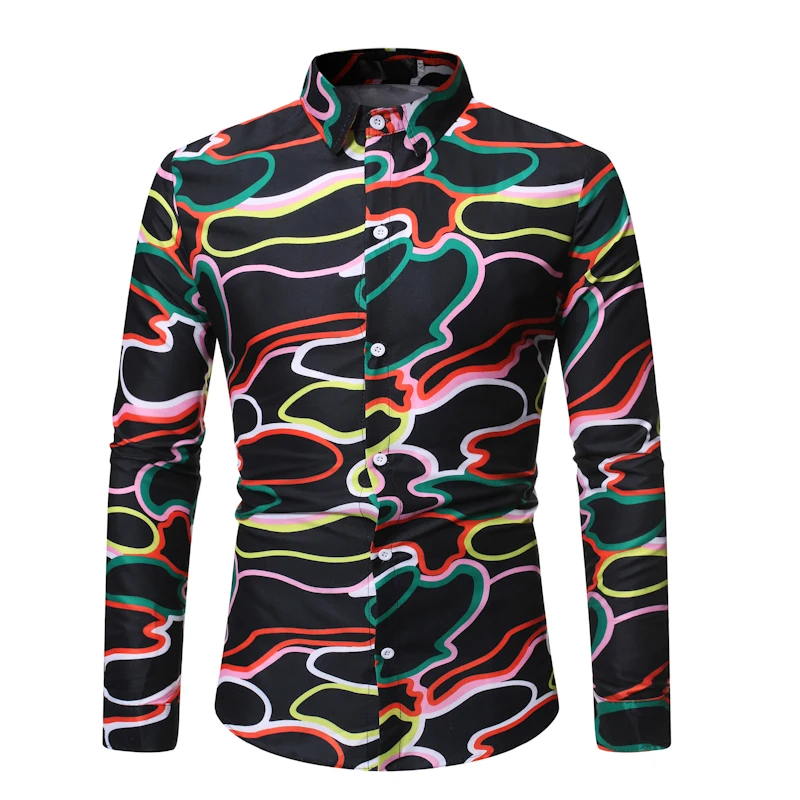 Цветная полосатая черная рубашка Мужская Новая мода Slim Fit Гавайские рубашки с длинными рукавами Топы осень весна Camisa Social Masculina 3XL