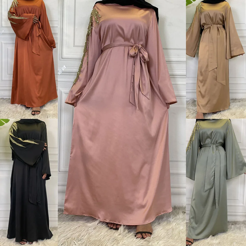 Женское атласное длинное платье Eid Рамадан, однотонные юбки, исламский стиль, Дубайский кафтан, вечернее платье макси для вечевечерние, цзил...