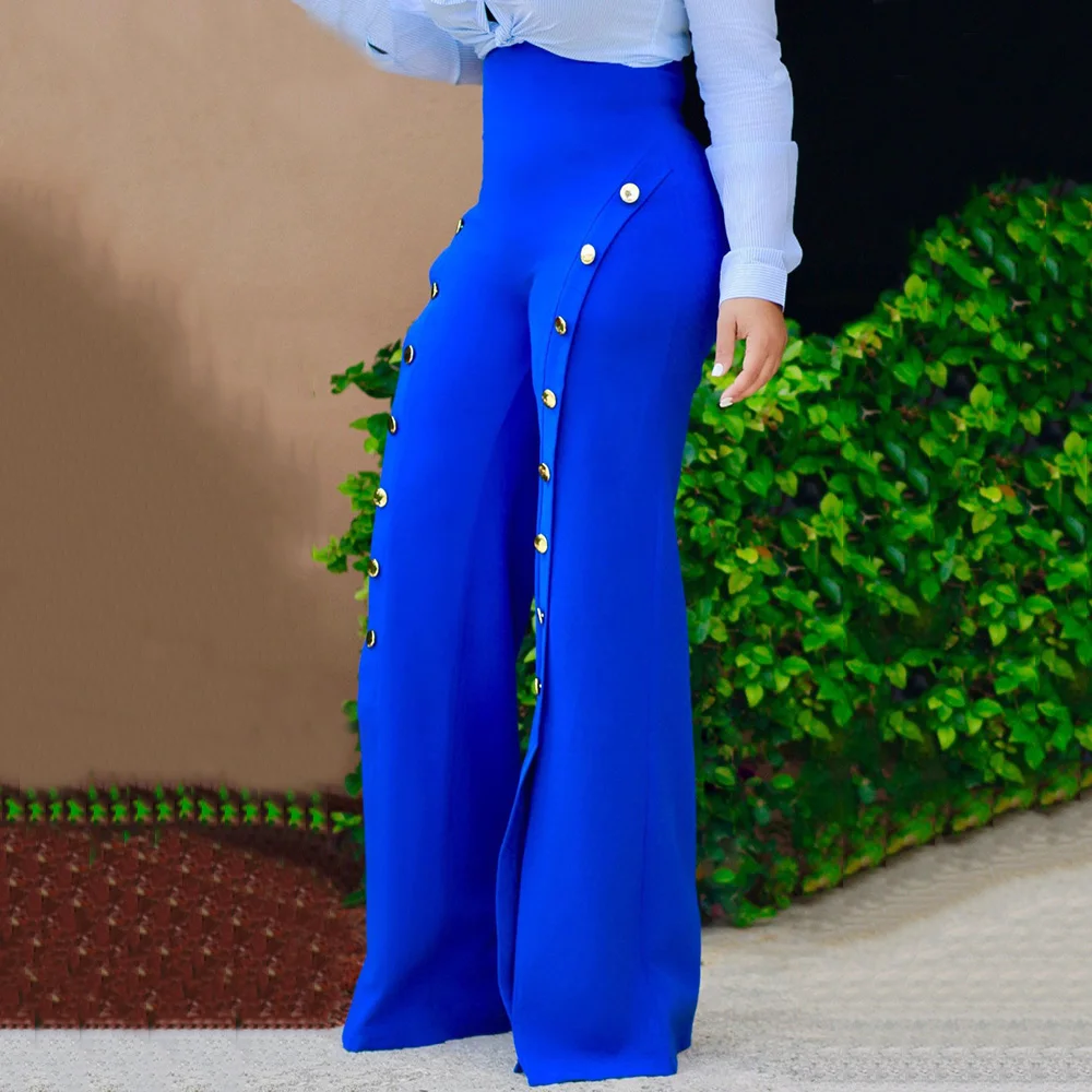 

Pants Women High Waist Chic Office Lady Button Split Wide Leg Blue Long Trousers Female Plus Size 2021 Spring Wide Leg Pants