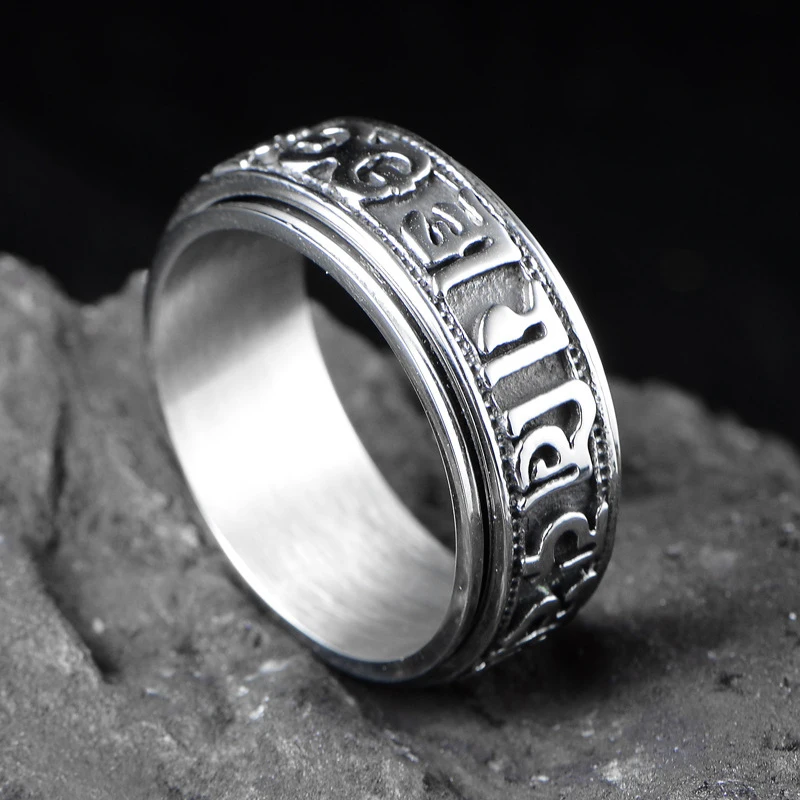 

Retro Men's Six-Character Mantra Rotatable Ring Fashion Stainless Steel Nightclub Trend Jewelry Boyfriend Gift Wholesale
