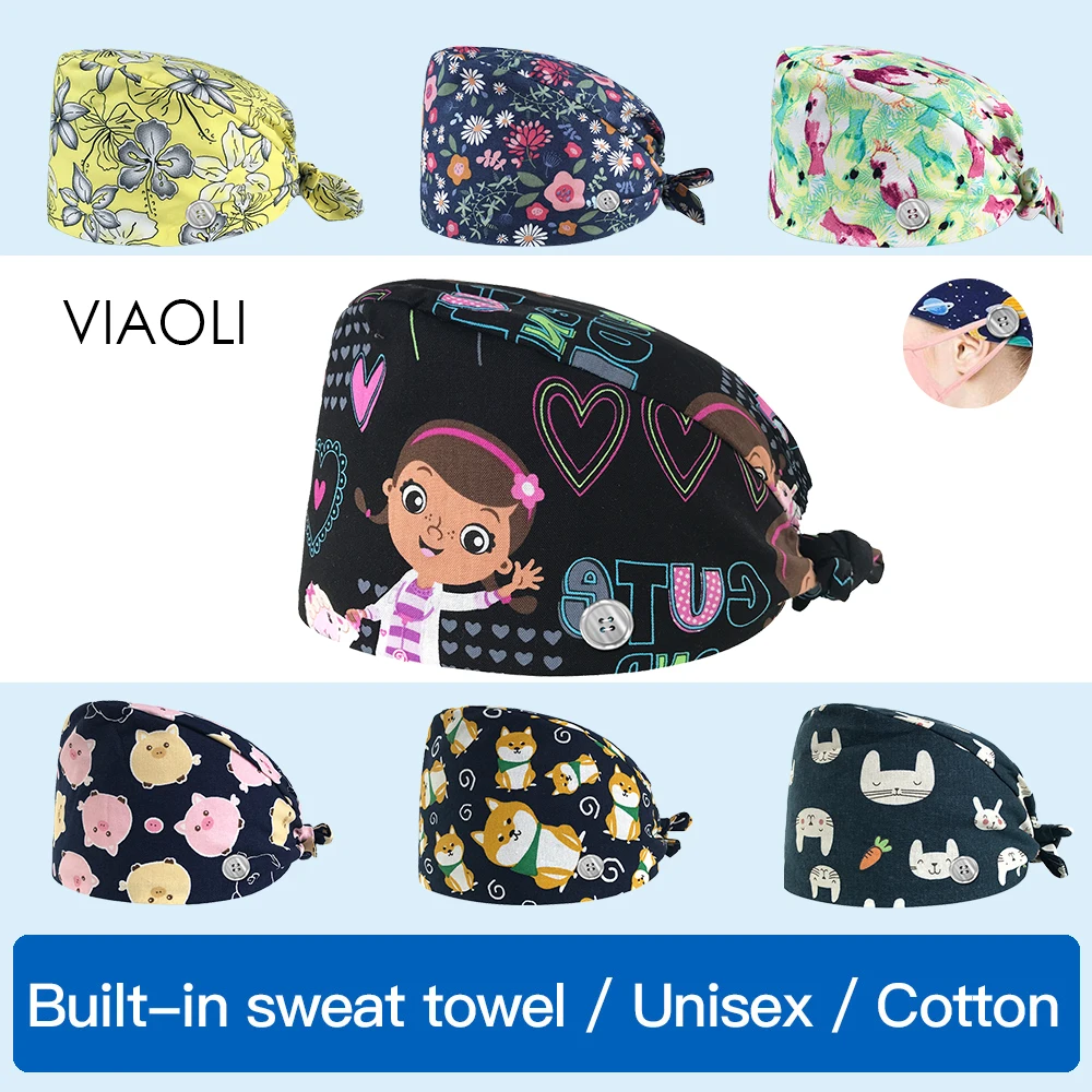

viaoli High Quality cartoon printing Scrubs Caps Breathable cotton Adjustable Scrubs women Cap Button work hats Male and female