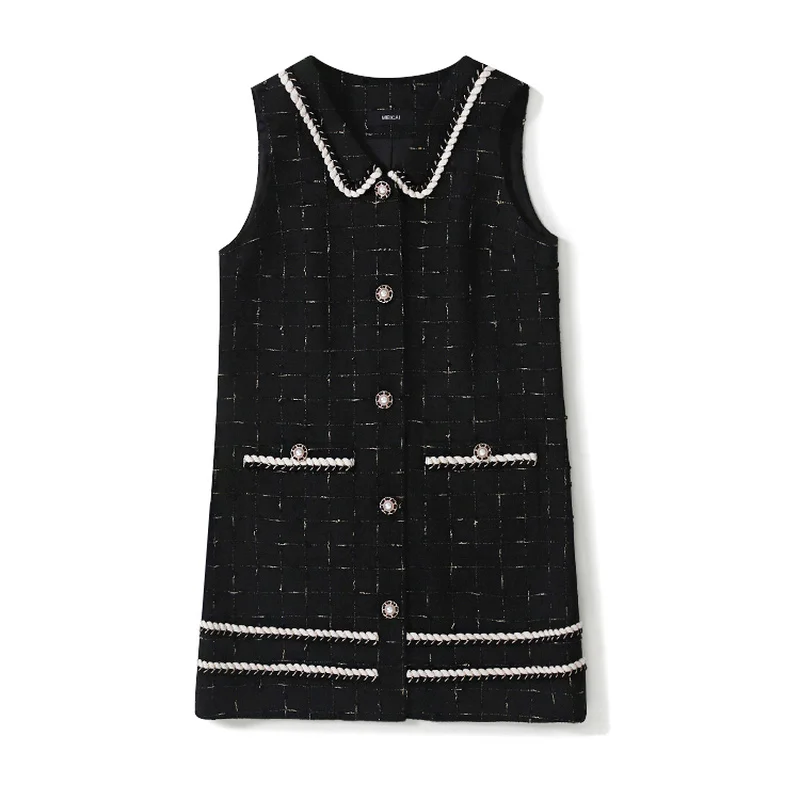 

Женское твидовое мини-платье без рукавов, Элегантное однобортное черное платье на бретелях с матросским воротником, весна-лето 2021, y619