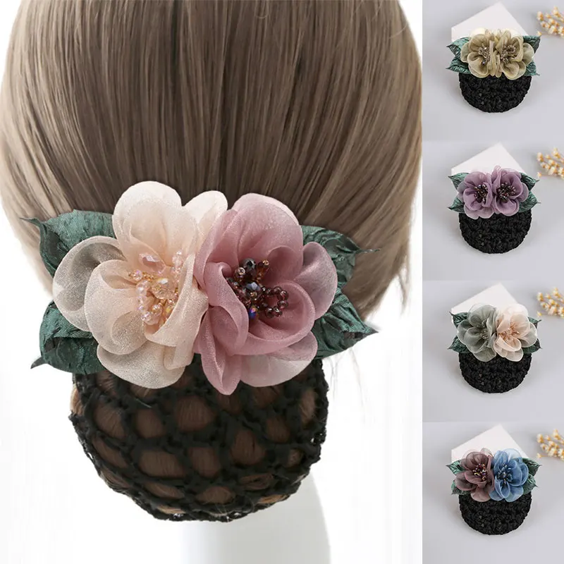 

Elegant Fabric Flower Hairpin Handmade Hair Bow Clips Hairgrip Snood Cover Net Bun Professional Staff Dance Women Accessories