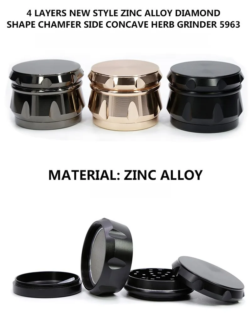 

Tanyte 1PC 63MM Zinc Alloy 4 Layer Herb Grinder Diamond Shape Chamfer Side Concave Grinder Smoking Accessories Support Wholesale