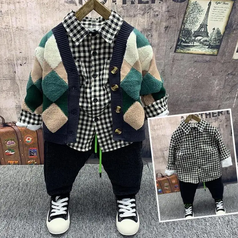

New Children's Suit Winter Sets Children's Wear, Boy's Knit Cardigan,plush T-shirts, plush jeans 3pcs Pieces of boys sets 2-6Yr