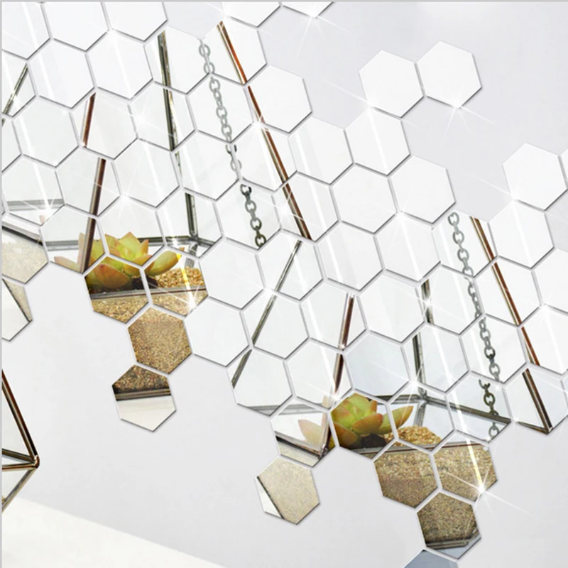 

12Pcs/Set Hexagonal 3D Mirror Wall Stickers Restaurant Aisle Floor Personality Decorative Mirror Paste Living Room Sticker
