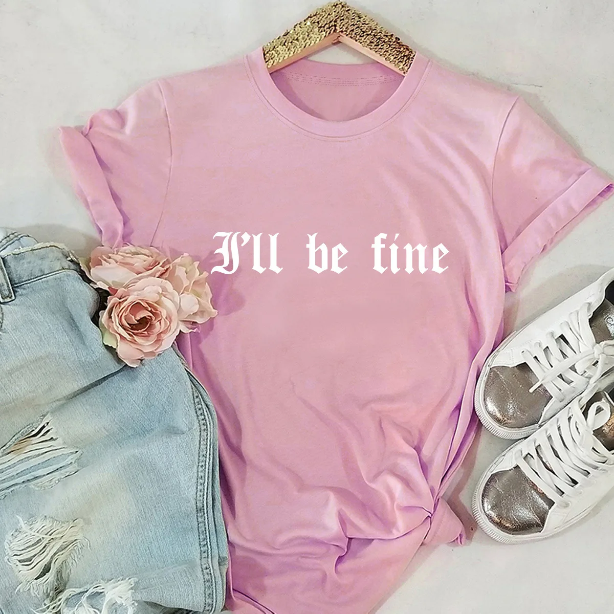 

JFUNCY I'll Be Fine Print Plus Size Short Sleeve Woman Tshirts Women T Shirt Casual Loose T-shirt Summer Tees 100% Cotton Tops