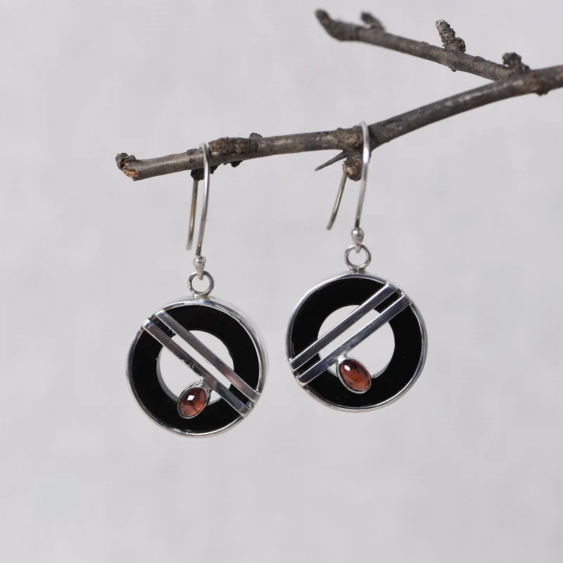 

Круглые серьги из черного агата FNJ, серебро 925 пробы, 100% чистое Оригинальное Серебро S925, серьги-подвески для женщин, ювелирные изделия с красным цирконием