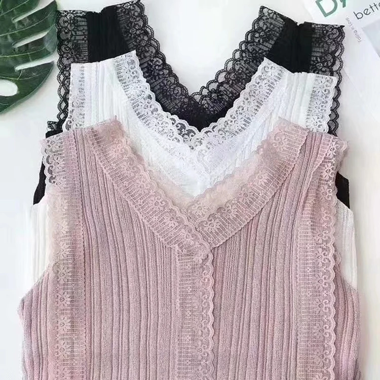 

Sweet V-Neck Hollow Out Lace Knit Vest Women Korean Outer Wear Sleeveless Tank Tops Black White Bottoming Shirt Camisole Blouses
