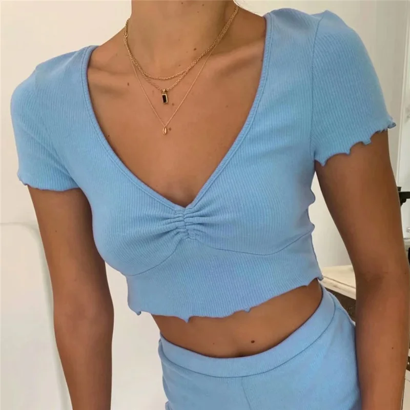 

Sexy V-neck draw string women t-shirt Fashion slim short sleeve lady shirt 2021 Solid bule lace chic female short T