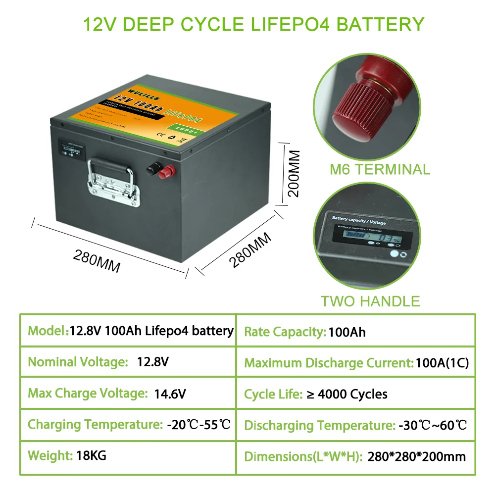 Литиевый Аккумулятор LiFePO4 12 В 100 Ач Встроенный BMS аккумулятор для RV уличный
