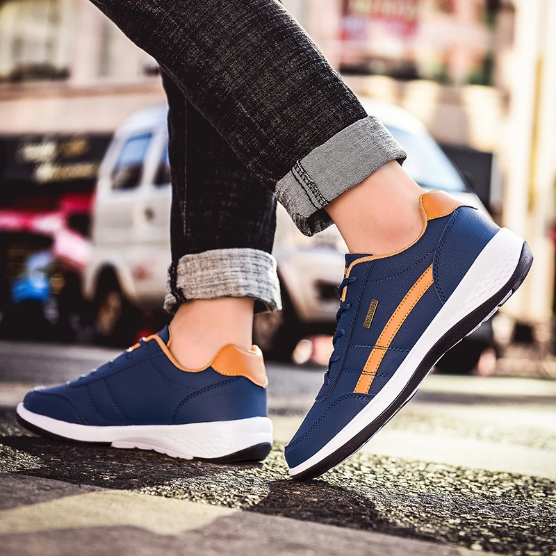 JIEMIAO Men Sneakers PU Leather Running Shoes Lace Up Business Casual Shoes Male Outdoor Non-slip Walking Jogging Sports Shoes