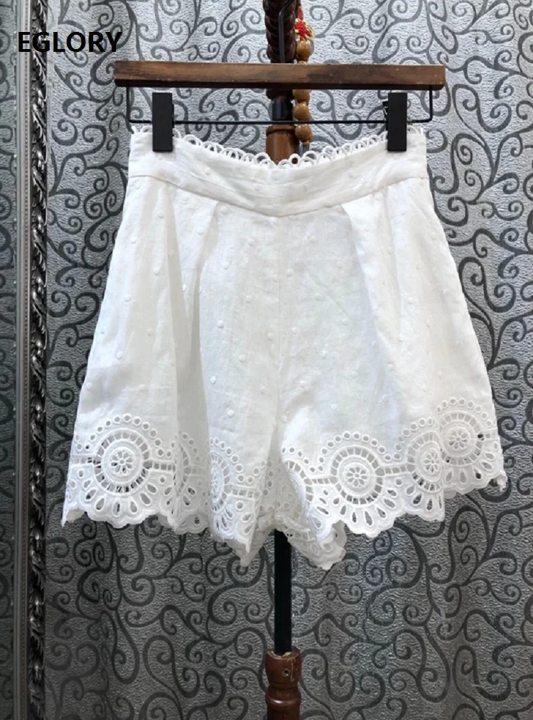 

100%Linen Shorts 2020 Summer Fashion Short Women Hollow Out Embroidery Dot Patterns Casual White Short Ladies Sexy Beach Short