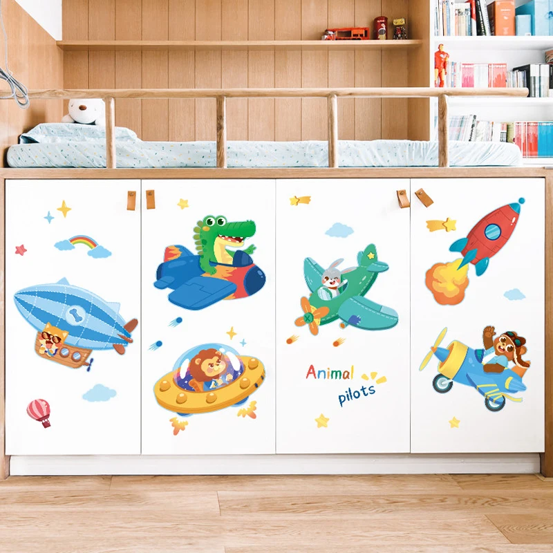 Мультяшные животные пилоты самолёт наклейки на стену для детской комнаты