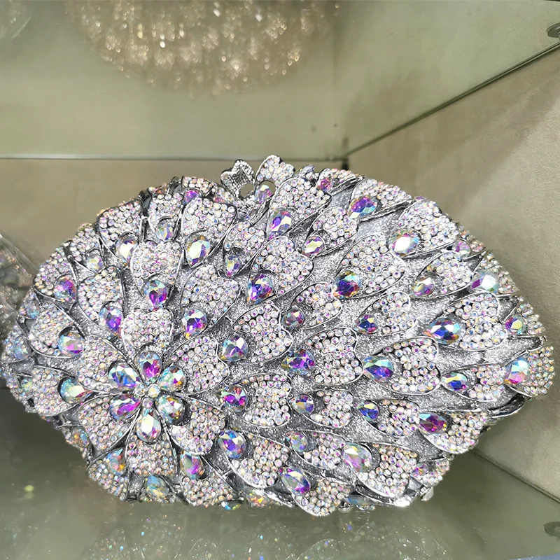 

2021 New Arrival Silver Metal AB Rhinestone Purse High Quality Women Crystal Messenger Bag Big Gemstone Ladies Phone Case Bag