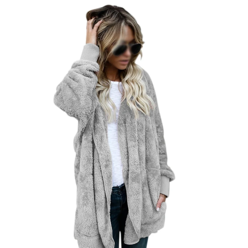 

Women Coats Autumn Winter Long Two-sided Wearing Faux Fur Jacket Open Hooded Cardigan Pocket Coat