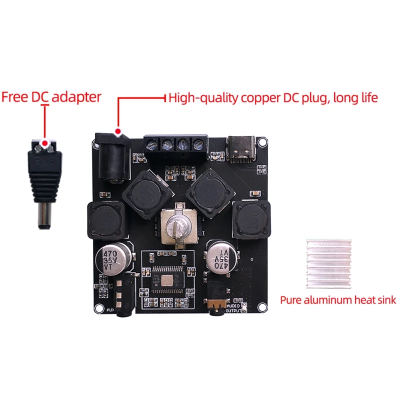 

50W+50W Bluetooth 5.0 Digital Audio Power Amplifier Class D 10W-200W HiFi Stereo TPA3116D2 USB Sound Card App AMP