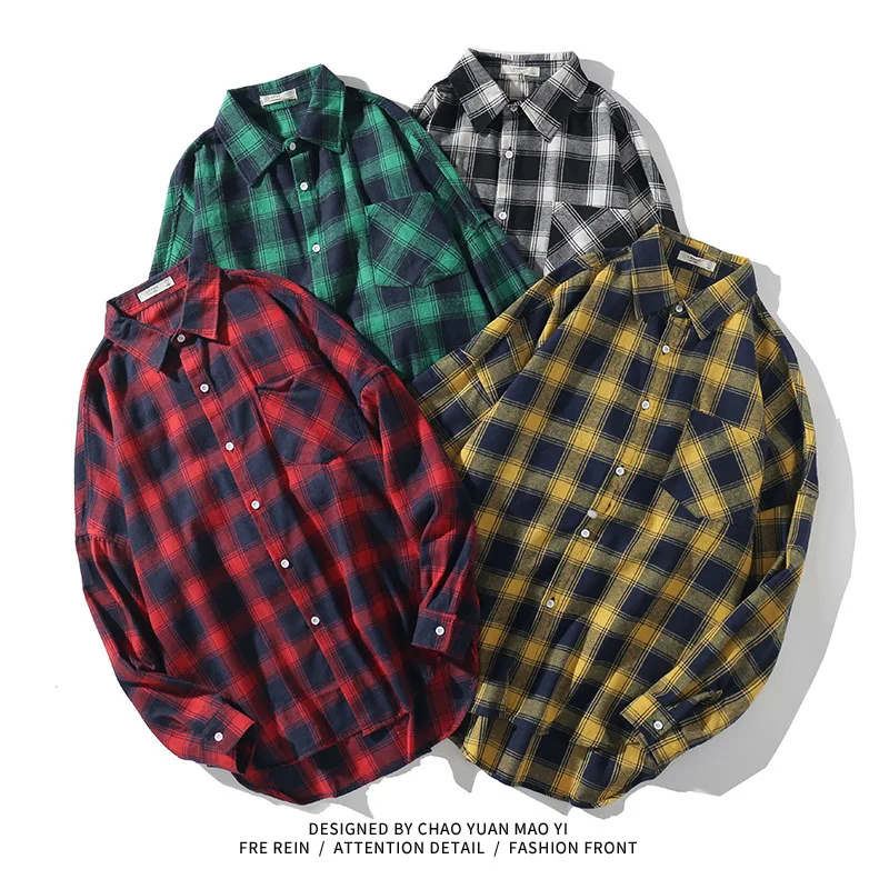 

2021 NEW Men Shirts Long Sleeves Pockets Indigo Plaid Casual T-shirt Plus Size Tee Male Clothing Brand S-5XL Outwear Hip hop