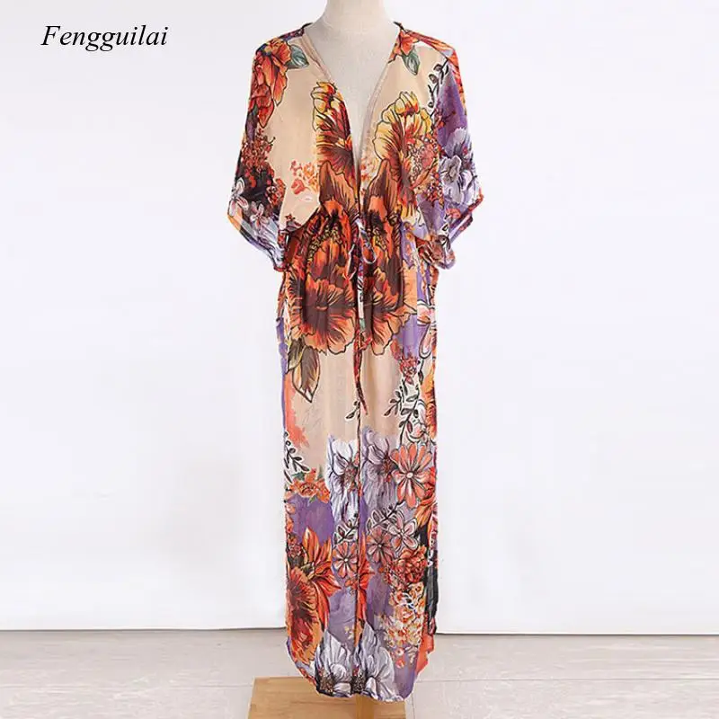 

2021 New Design Elegant Chiffon Big Flower Print Sexy Loose Beach Sunscreen Shirt Holiday Bikini Cover Up