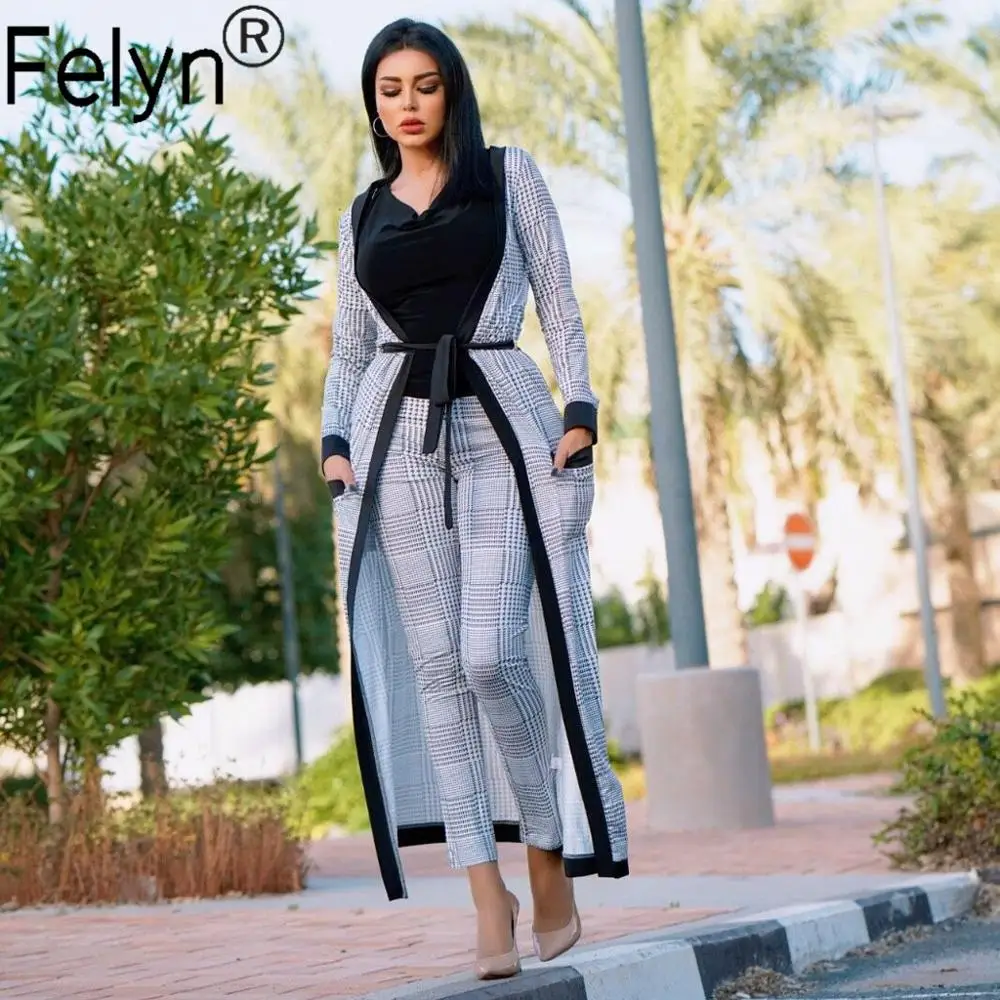 Женский весенне-осенний комплект удлиненная верхняя одежда в полоску длинные