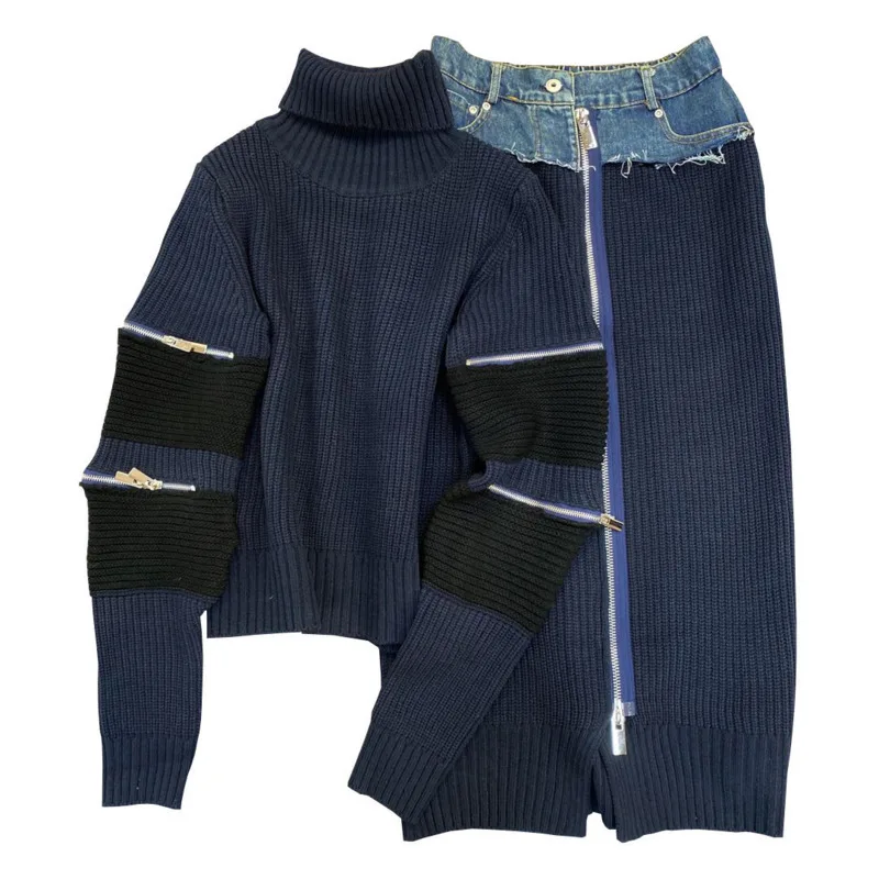 

2020 Autumn Winter Women New Fashion High Collar Zipper Decoration Sweater Denim Patchwork Knit Skirt Two Piece Set