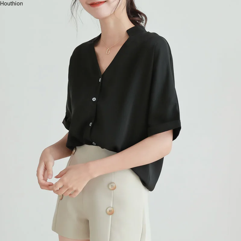 

Houthion Chiffon Slim Women's Blouses New Casual Blouse Solid Color Buttons V-neck Shirt Summer Fashion Short Sleeve Top Lady