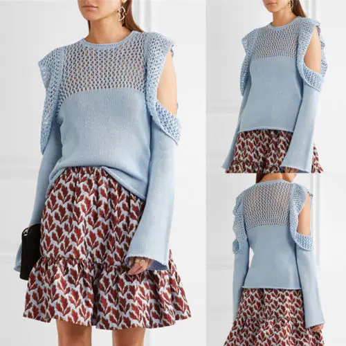 

Women Off Shoulder Long Sleeve Knit Hollow Pullover LooseThin Sweater Jumper 2020 Spring