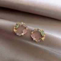 2021 korean new colorful rhinestone wreath stud earrings sweet flower crystal pearl brincos women party birthday jewelry gift