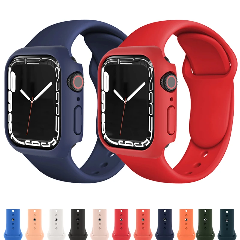 

Чехол + Силиконовый ремешок для Apple Watch Band 45 мм 41 мм 44 мм 40 мм 38 мм 42 мм, браслет для смарт-часов iWatch Apple Watch Series 5 3 SE 6 7