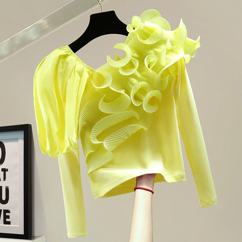 

Irregular Ruffles Stitching T Shirt Womens Elegants Tshirt 2021 Autumn Stretch Long Sleeve T-shirt Girls Yellow Tees Lady Shirt