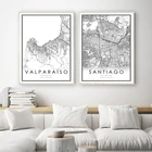 Плакат с картой города сантьяго чили, черно-белая печать, Карта города валпаризо, Картина на холсте, картина для дома и офиса, настенное художественное украшение