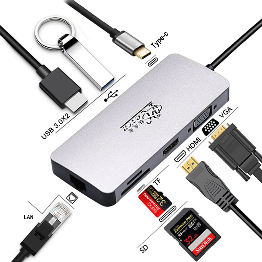 USB C концентратор к USB3.0 HDMI VGA RJ45 Gigabit Ethernet SD/TF PD зарядки адаптер док станции Тип c
