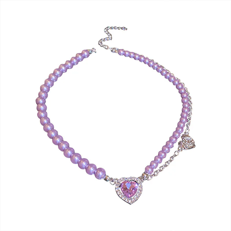 

Origin Summer Bling Bling Purple Crystal Love Heart Pendant Necklace for Women Asymmetry Rhinestone Metal Necklace Jewelry