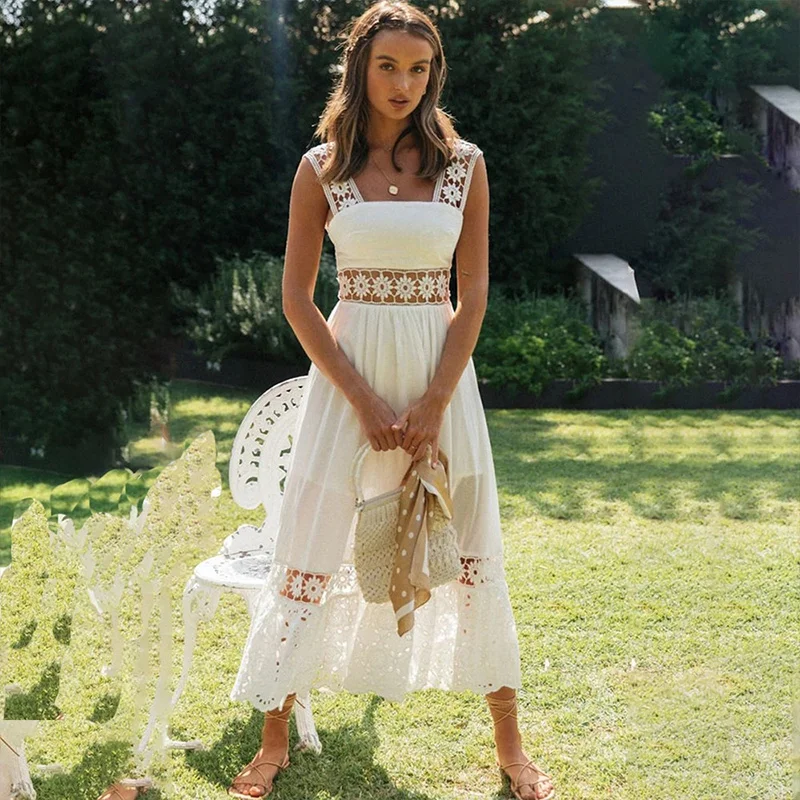 

2021 Spring Summer Hollow Out Lace Sleeveless Dress Women Off Shoulder Straps Party Dress Fashion Solid Long Holiday Beach Dress