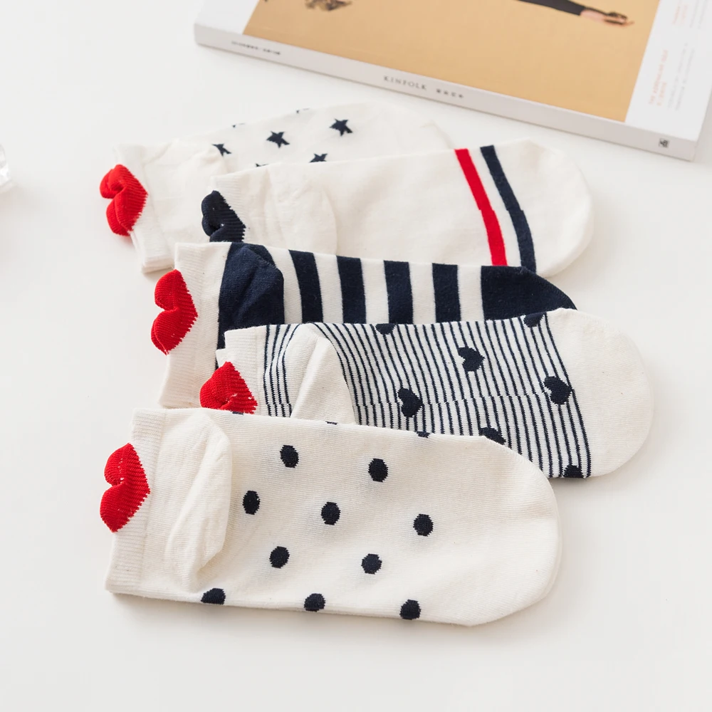 

RZHBRO 5 Pairs / Set Lovely Socks Women's Kawaii Stripe Love Women's Socks Cotton Ankle Ship Socks Thin Spring and Summer