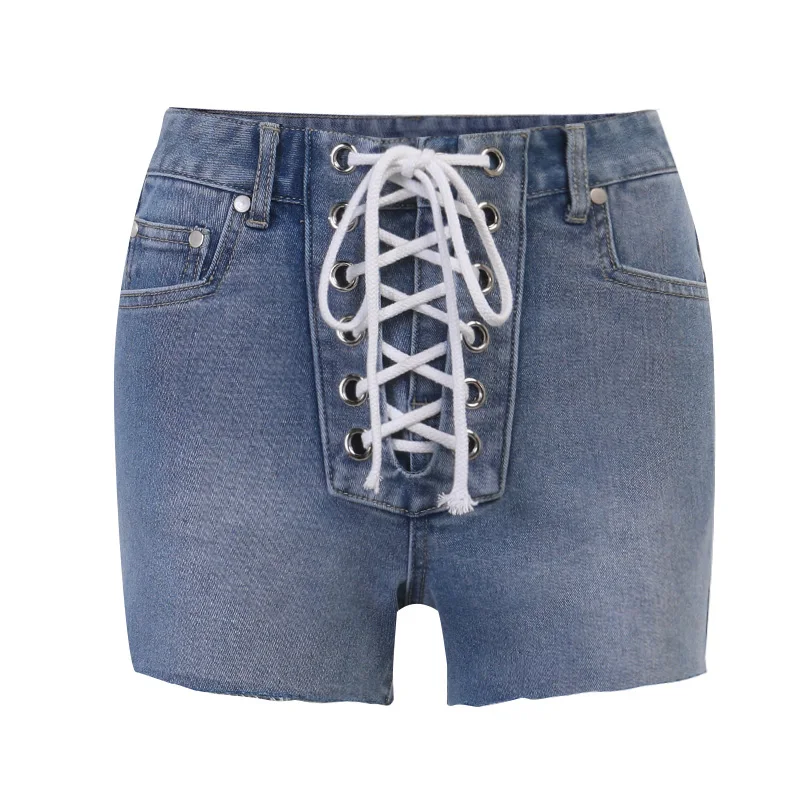 

InstaHot Bandage Solid Button Shorts Jeans Denim High Street Casual Shorts Summer 2021 Sexy Pockets Lace Up Streetwear Shorts