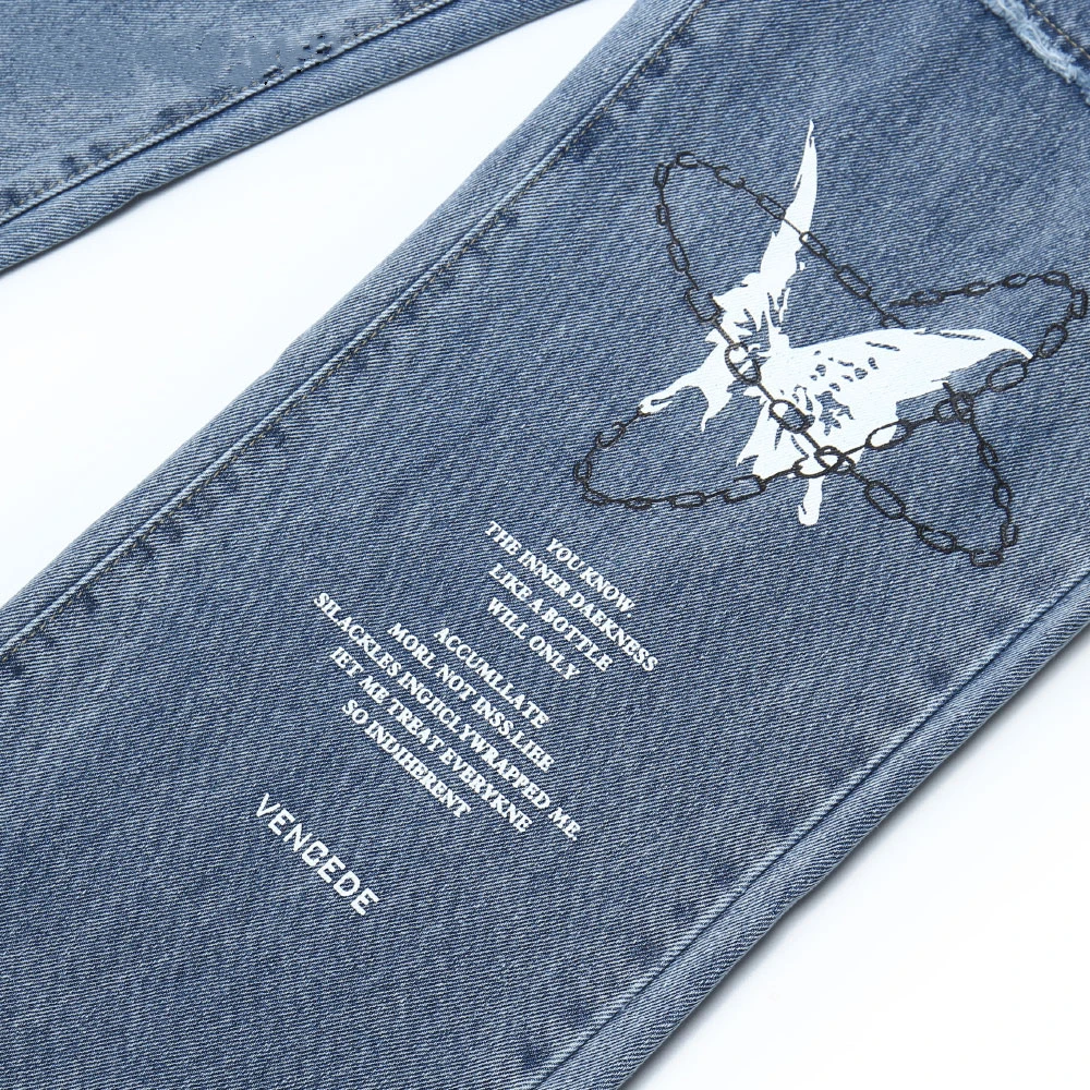 

Women's Denim Pants Chain Rose Butterfly Printed Baggy Jeans Unisex Streetwear Hip Hop Harajuku Fashion Casual Loose Trousers