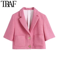 traf women fashion with pockets tweed blazers coat vintage notched collar short sleeve female outerwear chic tops