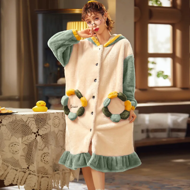 

Women Plus Size Warm Coral Flannel Sleepwear Female Nightgown Winter Thick Nightshirt Leisure Long Sleeve Nightwear for woman
