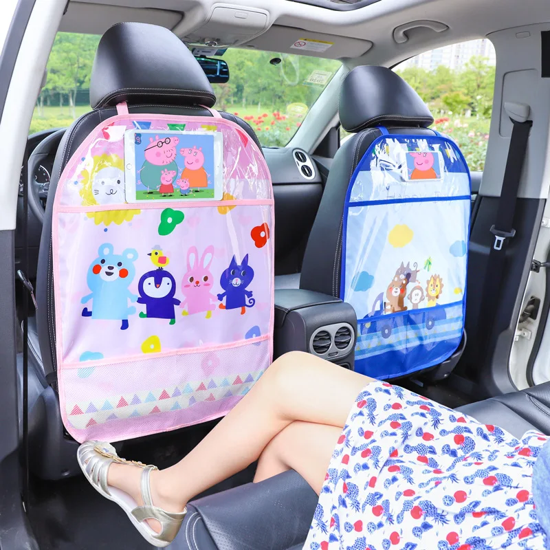 Funda protectora de dibujos animados para asiento trasero de coche, organizador de Kick Mat, soporte para tableta, bolsa colgante, soporte de almacenamiento de estilo de coche, accesorios para coche-0
