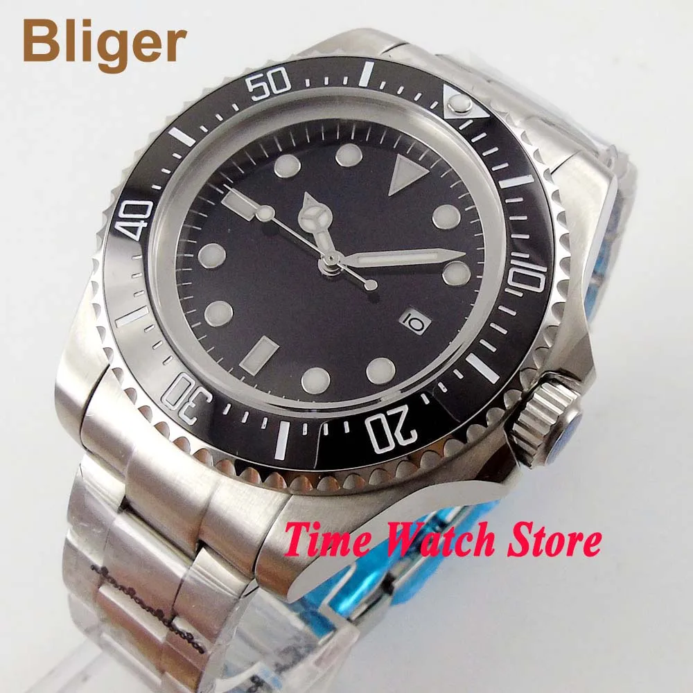 

Мужские стерильные часы Bliger, автоматические наручные часы Miyota 8215, 44 мм, черные, светящиеся, со стальным стеклом, с керамическим ободком