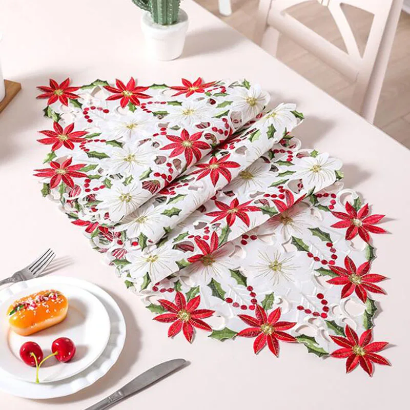 

Table Runner Christmas Embroidered Table Runner Tablecloth Tablecloth Hollow multi-purpose Towel 38*176cm