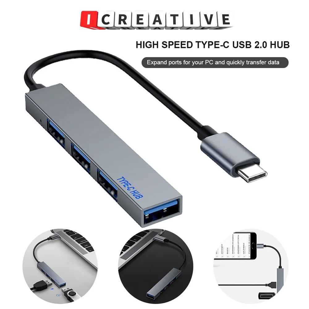 

ICREATIVE 4 Port USB C Hub Type-C to USB 2.0 Splitter Converter OTG Adapter Cable for Laptop Notebook Macbook Pro Desktop PC