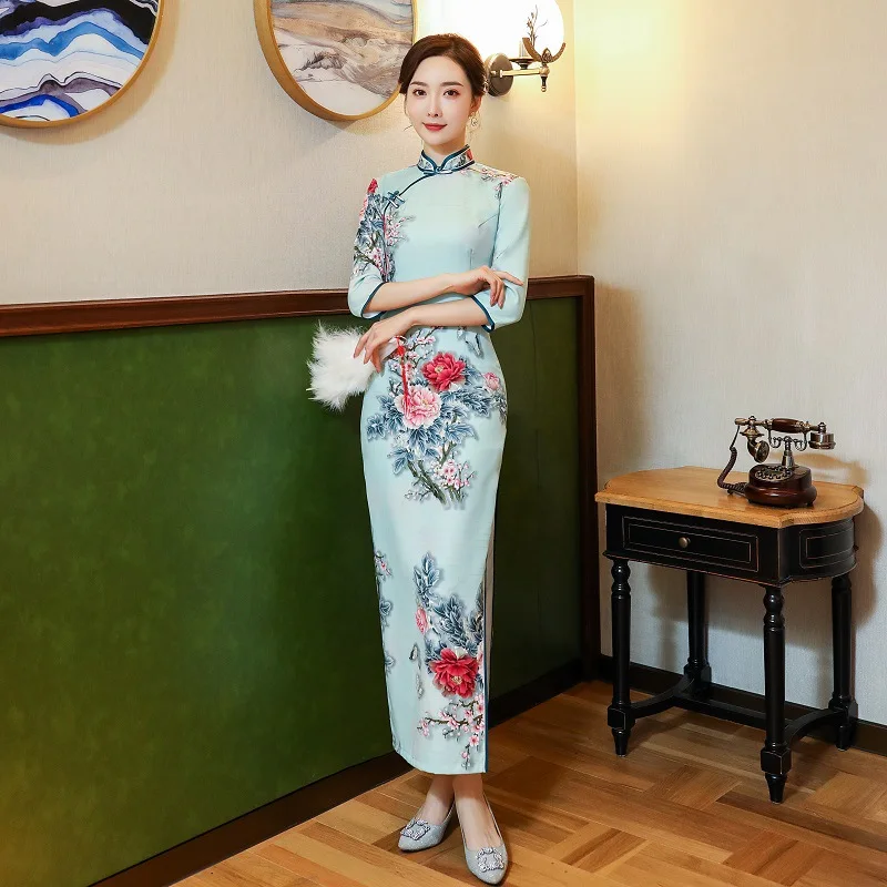

Plus Size 5XL Vintage Chinese Traditional Women Rayon Print Flower Qipao Mandarin Collar Cheongsam Novelty Chinese Formal Dress